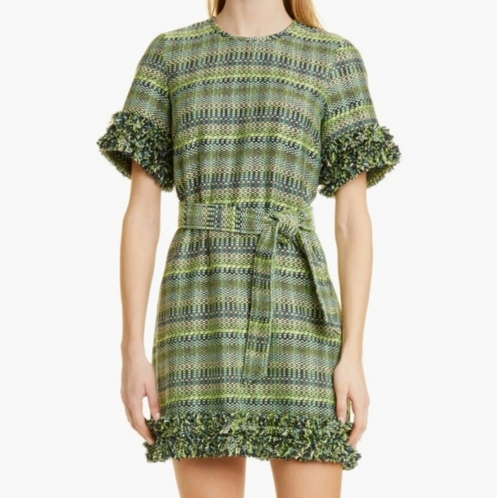Cinq a Sept Box Weave Easton Dress Green Tweed Plaid Fringe Quiet Luxury